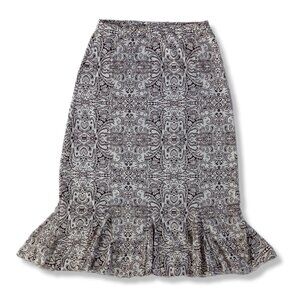 Midi Skirt Brown White Tight Retro Floral Print Ruffle Pencil Modest Size S